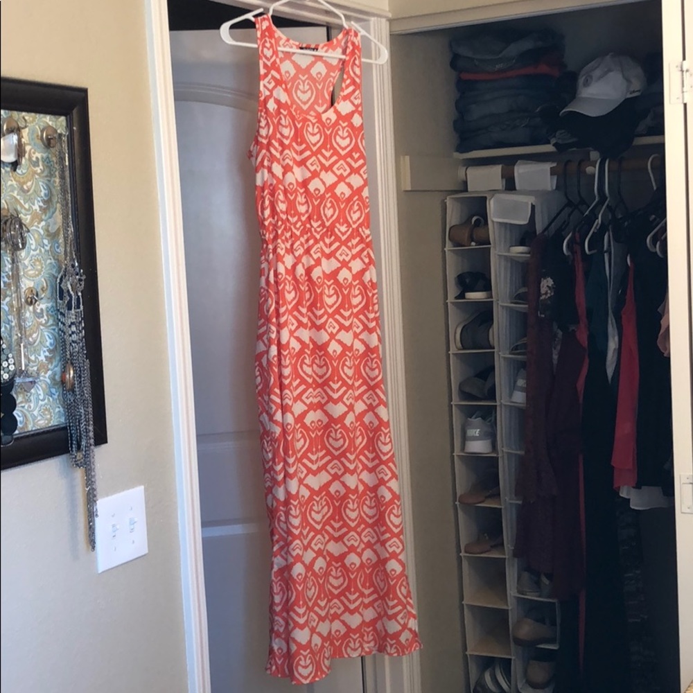 Long Coral Colored, Patterned Dress